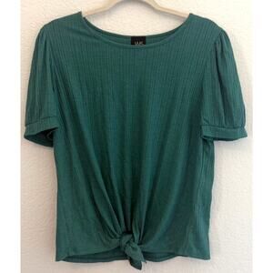 W5 Women’s Green Short Sleeve Tie Front Top Size L Puff Sleeve Ribbed Knit NWOT